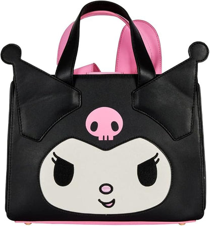 Black kuromi bag with a cartoon face design featuring a pink skull on a white background