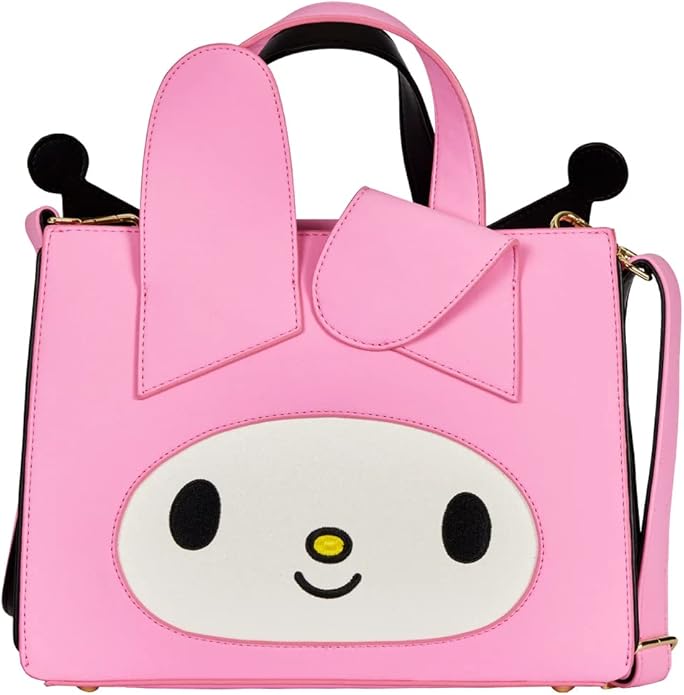 A double-sided Loungefly crossbody bag featuring characters My Melody and Kuromi, with a pink side and a black side, respectively, and a smiling face on the front.