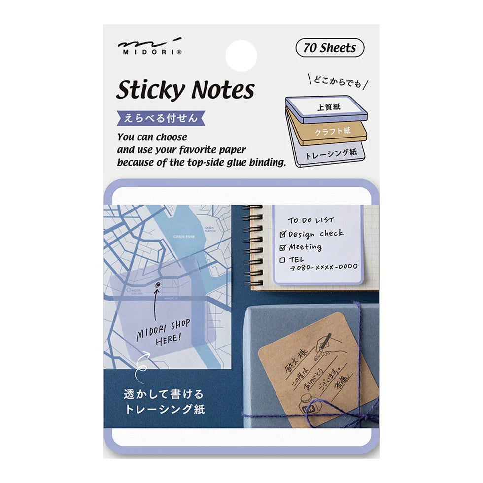 Packaging of Midori sticky notes with examples of use on a white background