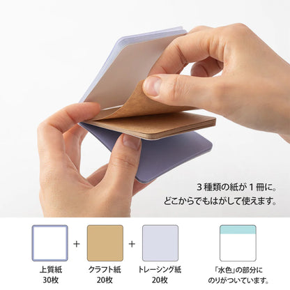 Hands holding a stack of paper sheets with different colors, on a white background.