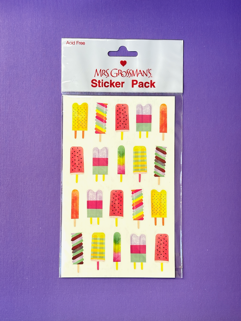 Sticker pack with colorful popsicle designs on a purple background