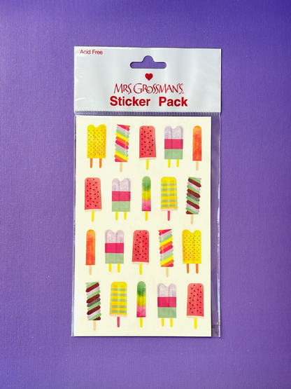 Sticker pack with colorful popsicle designs on a purple background