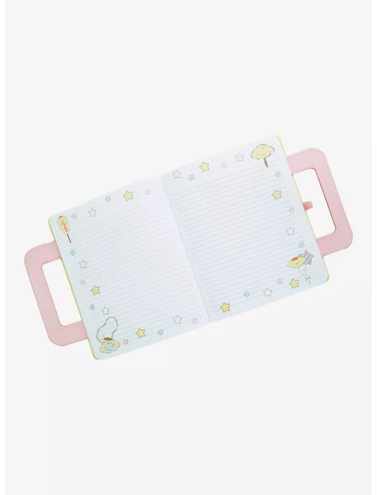 Pompompurin themed journal with pink handles on a white background