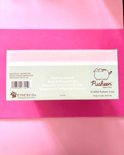 A Pusheen Bowl & Chopstick Set box by Enesco, featuring a light green and white label with the Pusheen cat logo, photographed on a vibrant pink background.