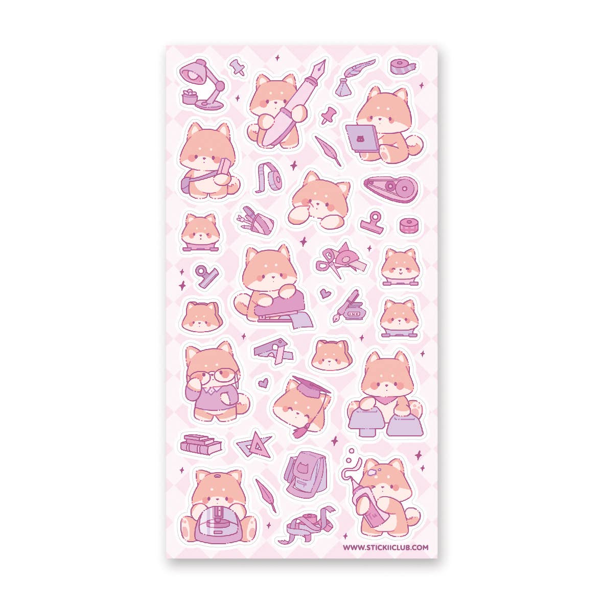 Sheet of pink stickers with cartoon shiba dog characters and various items on a white background.