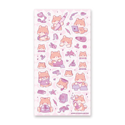 Sheet of pink stickers with cartoon shiba dog characters and various items on a white background.