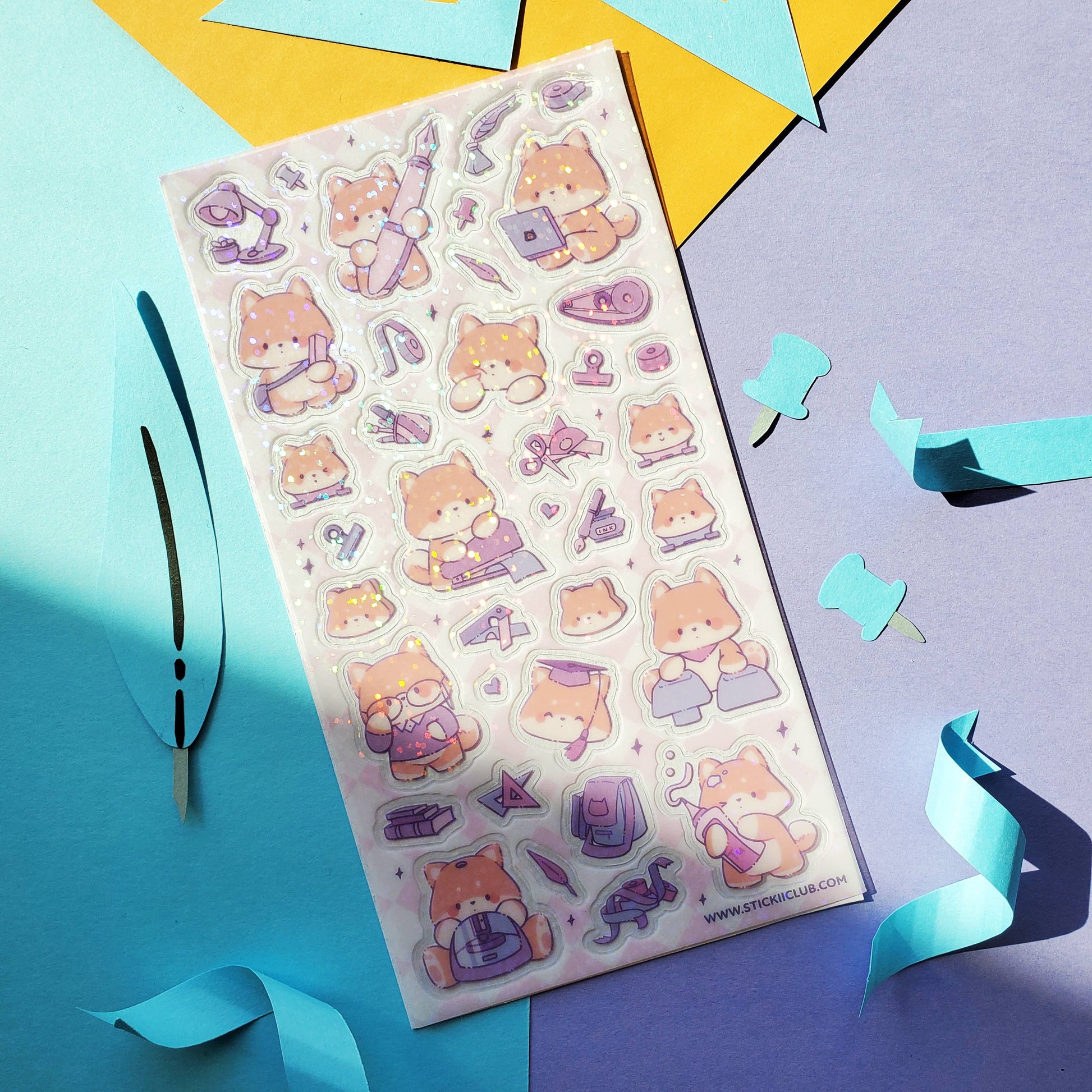 Sheet of colorful stickers with cartoon characters on a multicolored background