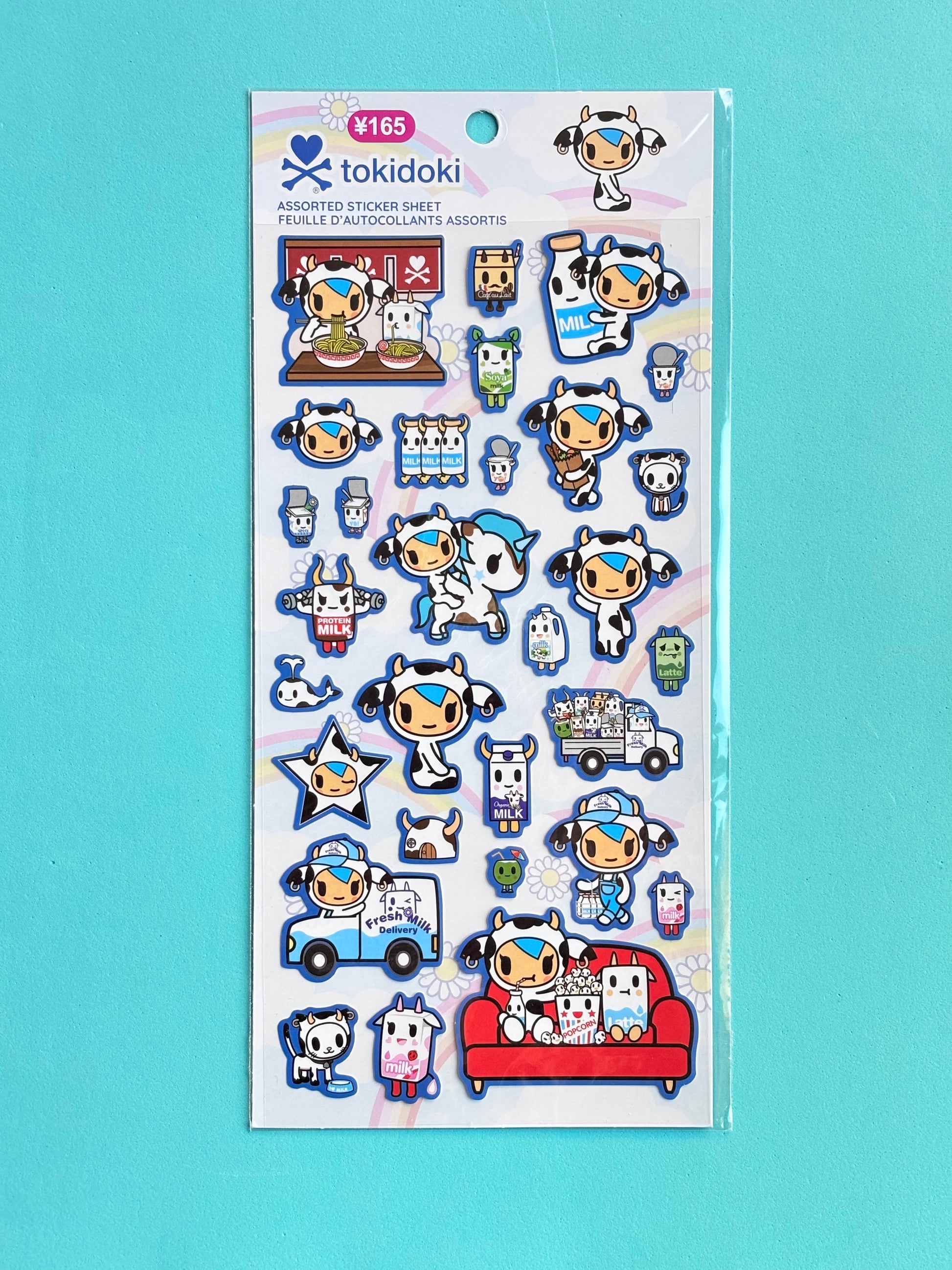 tokidoki mozzarella and moofia characters sticker sheet on blue background