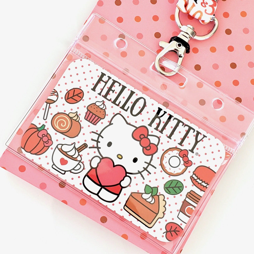 closeup of cardholder on Hello Kitty Pumpkin Spice lanyard