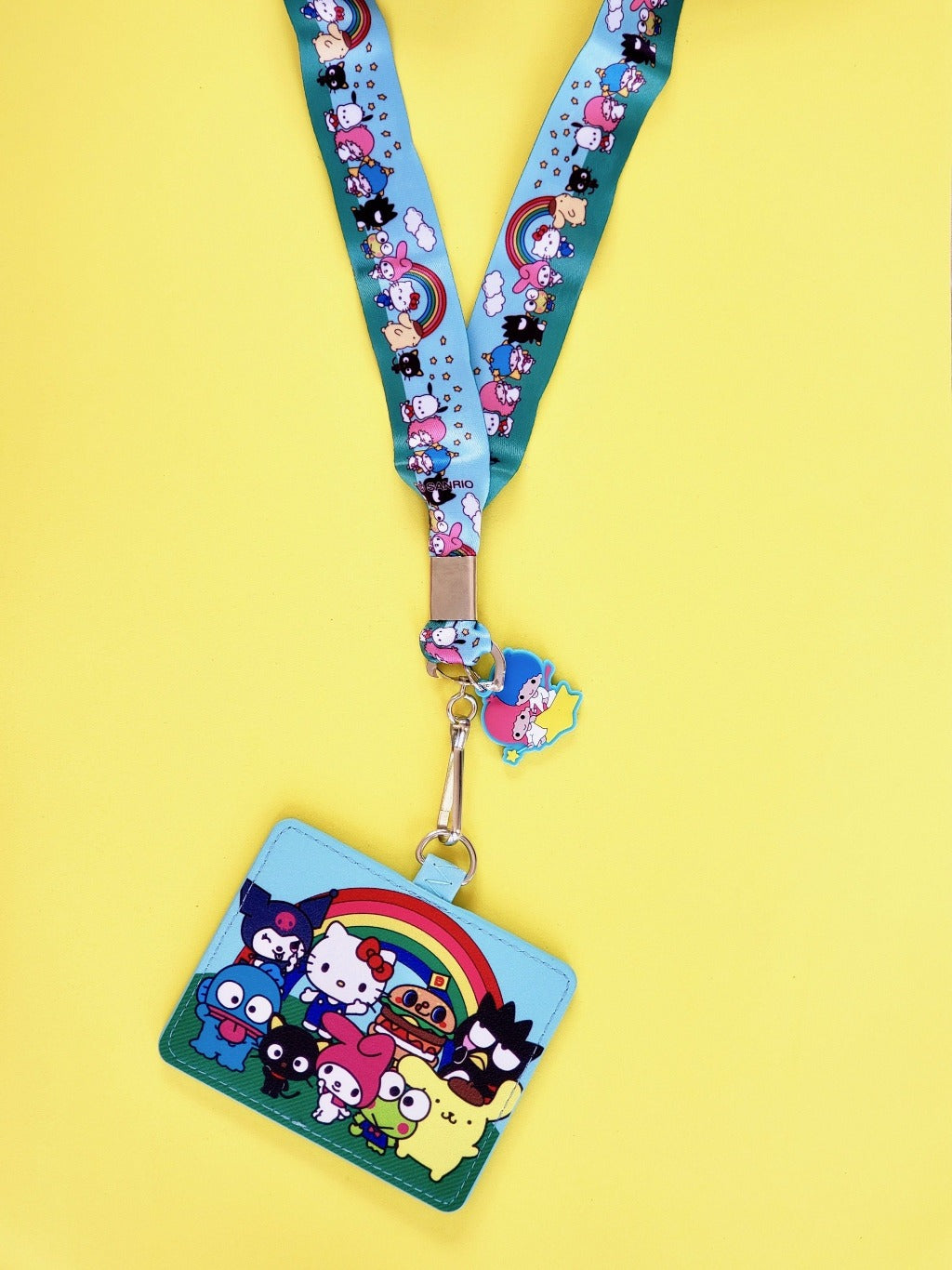 back view of cardholder with attached lanyard and twin stars charm Loungefly x Sanrio