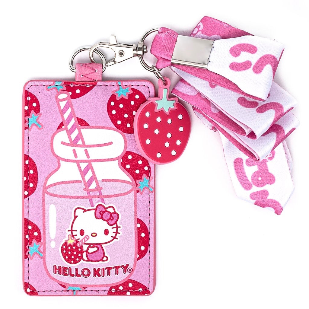 pink and white Loungefly Hello Kitty Lanyard Berrylicious strawberry milk design with Hello Kitty and Japanese wording on lanyard