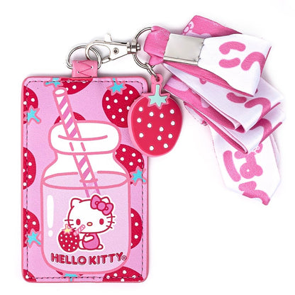 pink and white Loungefly Hello Kitty Lanyard Berrylicious strawberry milk design with Hello Kitty and Japanese wording on lanyard