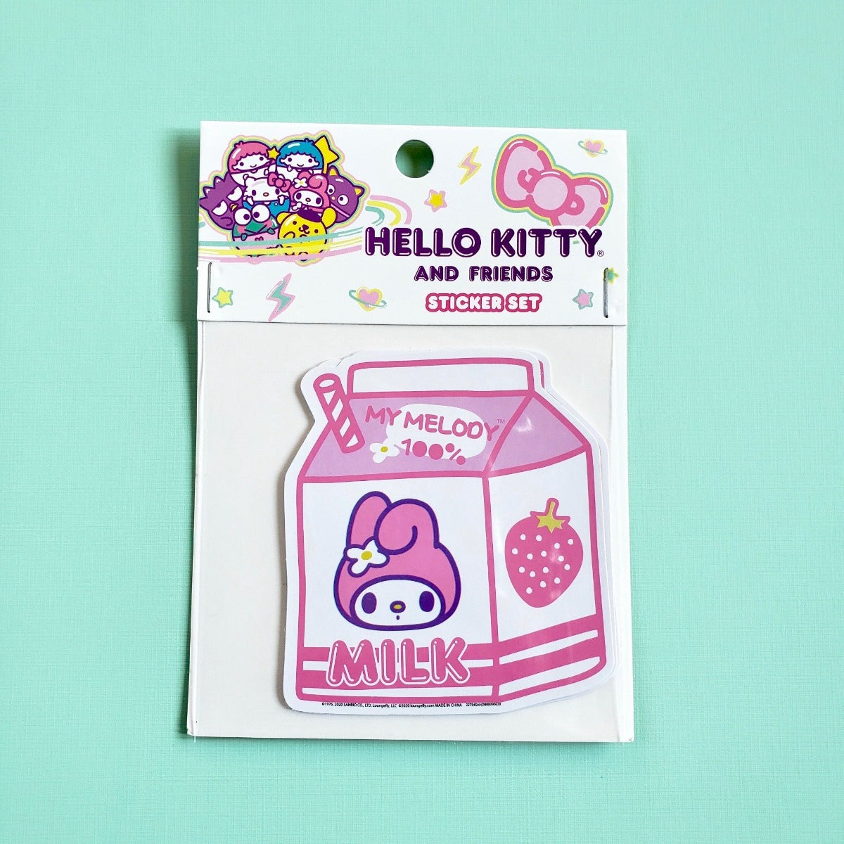 Loungefly Hello Kitty Friends milk carton themed stickers front view on mint green background