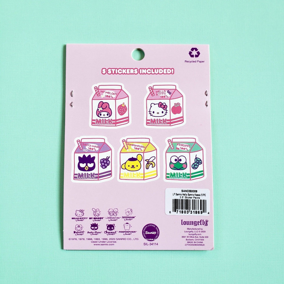 Loungefly Hello Kitty Friends milk carton stickers package back side showing 5 different color milk carton designs on mint green background