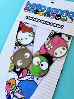 Loungefly Hello Sanrio Lanyard closeup 4 pins (Hello Kitty, Chococat, My Melody, Keroppi)