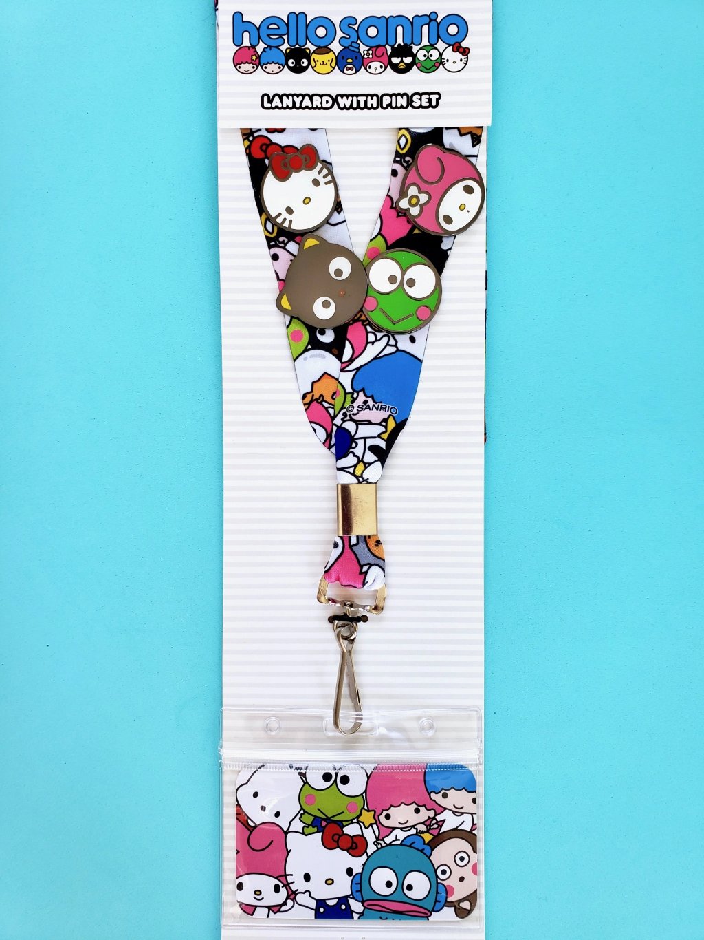 Loungefly Hello Sanrio all over print lanyard with badge/ID holder and 4 character pins