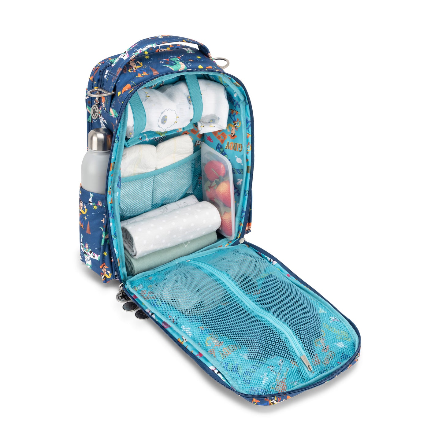 Jujube Disney Pixar Toy Story Be Right Back backpack packed with diapers, baby cloths, and clothes