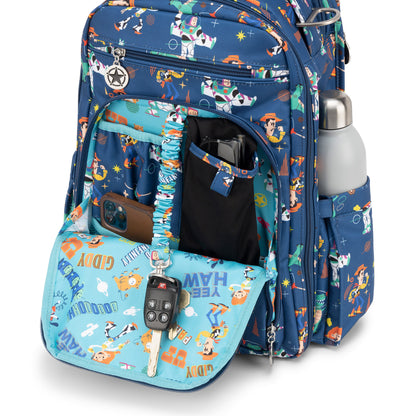 Jujube Disney Pixar Toy Story Be Right Back backpack front compartment with key ring cell phone pocket