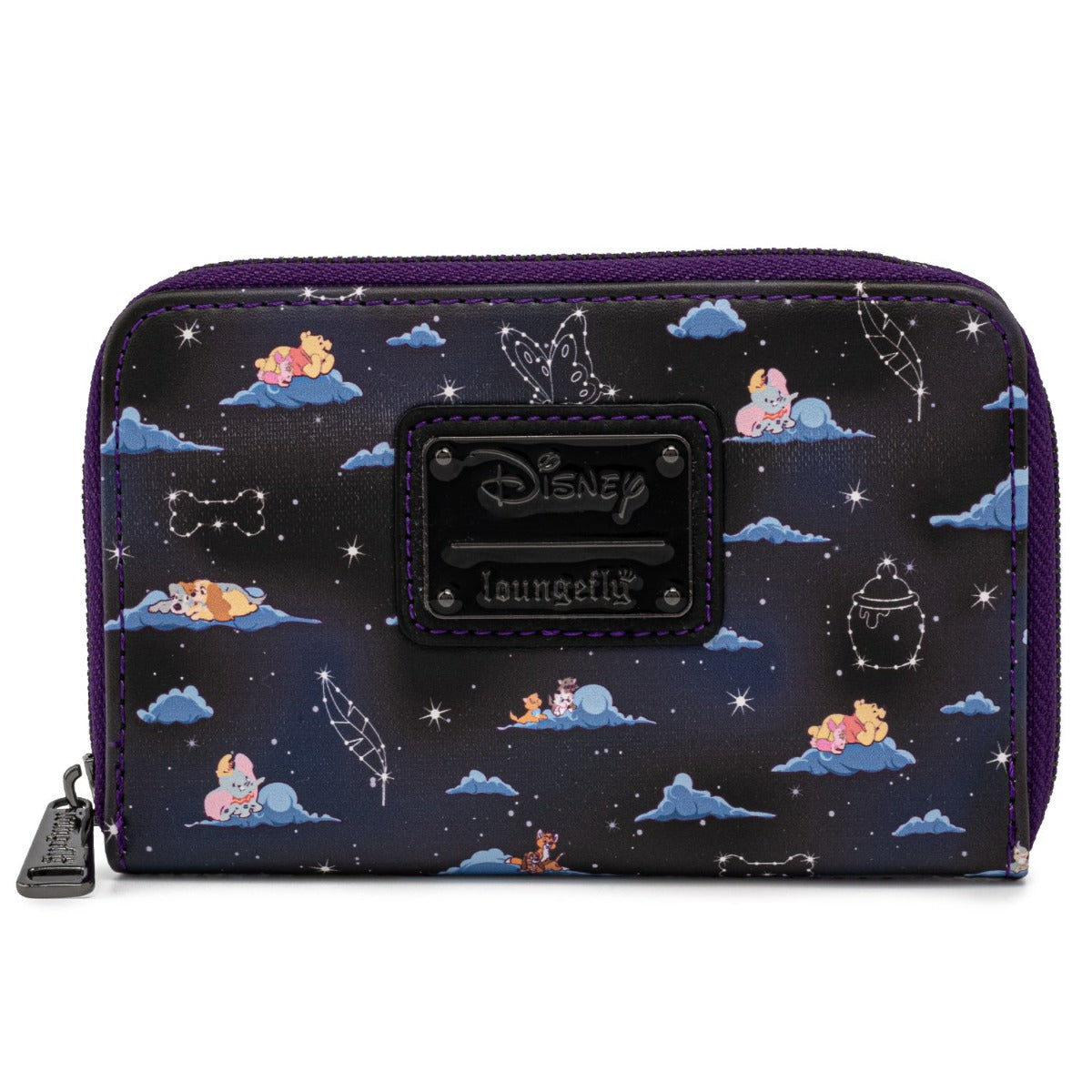 Disney wallet with multiple character design on a dark blue sky with clouds and constellations background
