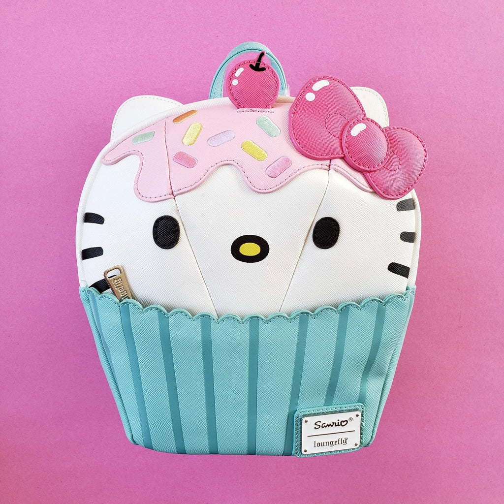 loungefly hello kitty cupcake mini backpack front view pink background