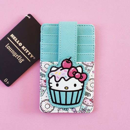 loungefly hello kitty cupcake sweet treats cardholder front view on pink background