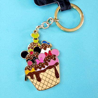 closeup of loungefly disney ice cream sunday keychain with reflective sparkles