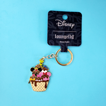 shiny gold tone metal loungefly disney ice cream sunday keychain