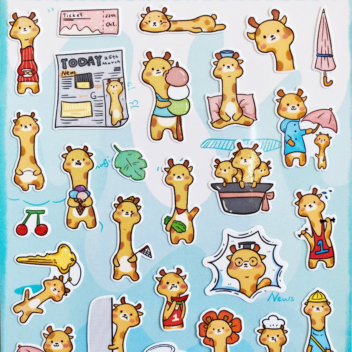 closeup of cute giraffe stickers in various designs like eating dango
