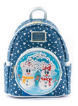 loungefly snowman mickey and minnie snow globe backpack front view