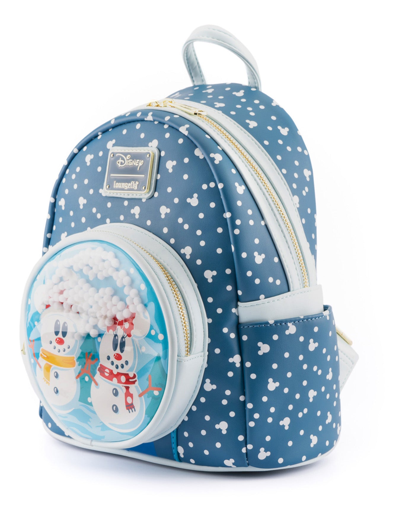 loungefly snowman mickey and minnie snow globe backpack side view