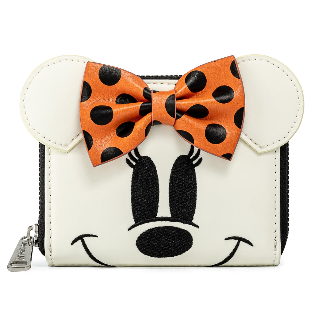 loungefly minnie mouse glow in the dark small zip wallet front view