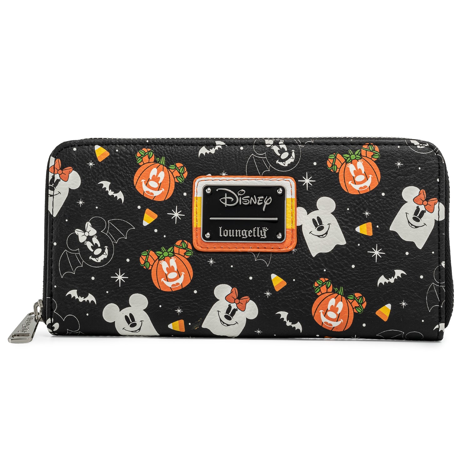 loungefly disney spooky mickey and minnie mouse candy corn all over print wallet front view