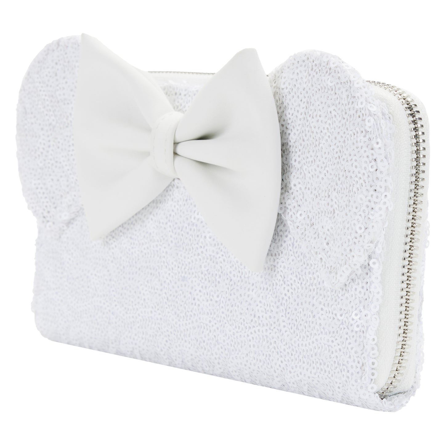 White sequined clutch with a large bow on a white background in wedding or bridal theme