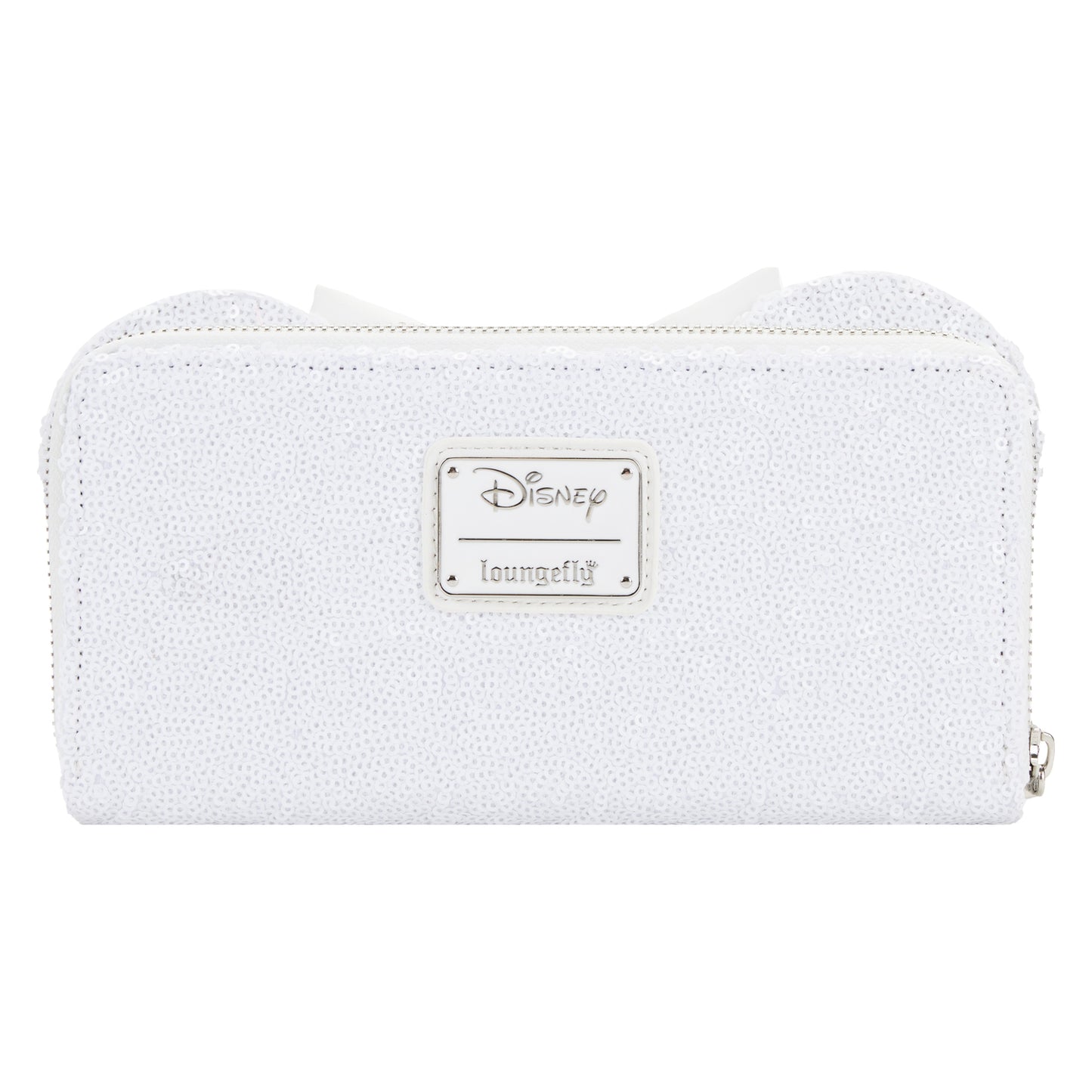 back view of wedding or bridal sequined white wallet with Disney Loungefly branding 