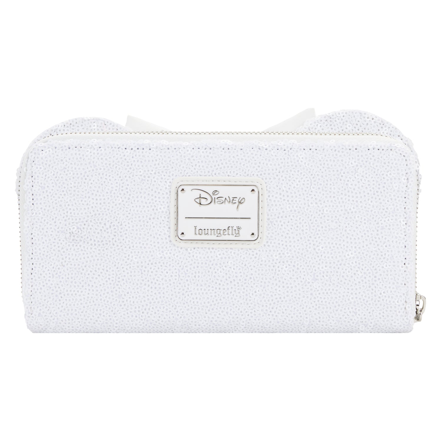 back view of wedding or bridal sequined white wallet with Disney Loungefly branding 
