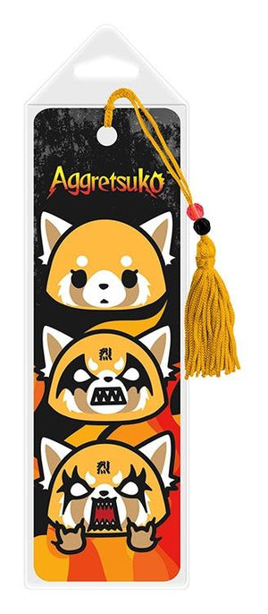 Aggretsuko 3 facial expression bookmark with flame & black background gold tassel inside plastic sleeve
