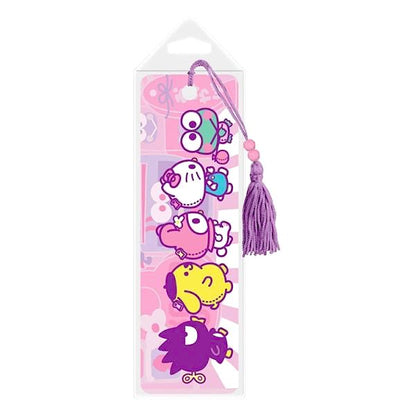 pastel hello sanrio friends bookmark with purple beaded tassel in a plastic sleeve