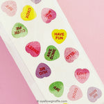 closeup of mrs grossman's pastel candy heart stickers