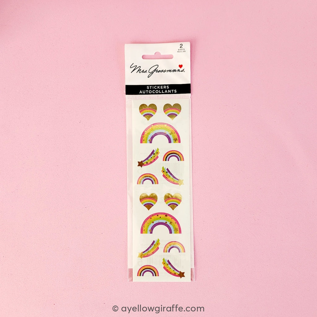 rainbow themed heart and star stickers with gold accents by mrs. grossman's