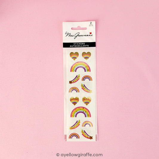 rainbow themed heart and star stickers with gold accents by mrs. grossman's