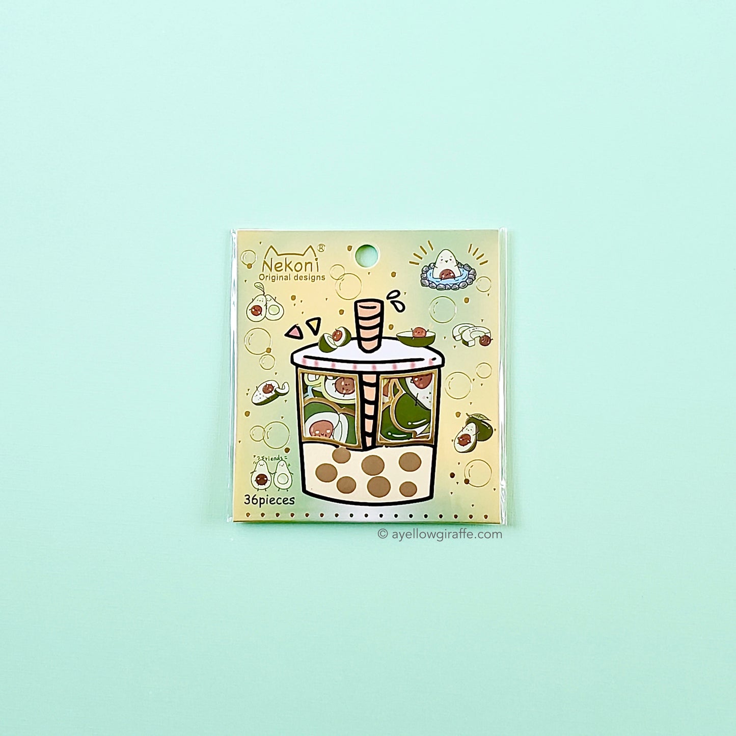 japanese nekoni boba packet of avocado stickers front