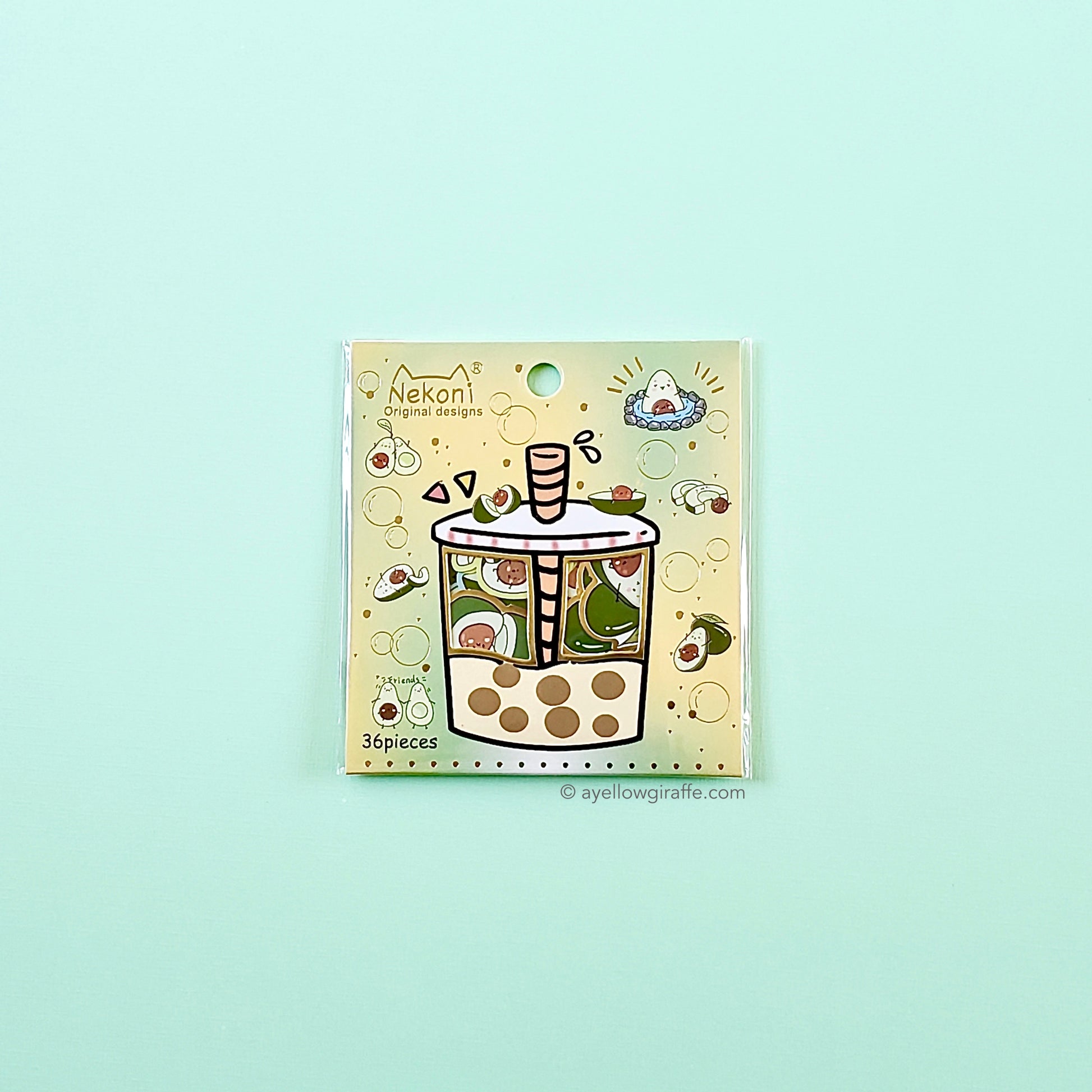 japanese nekoni boba packet of avocado stickers front