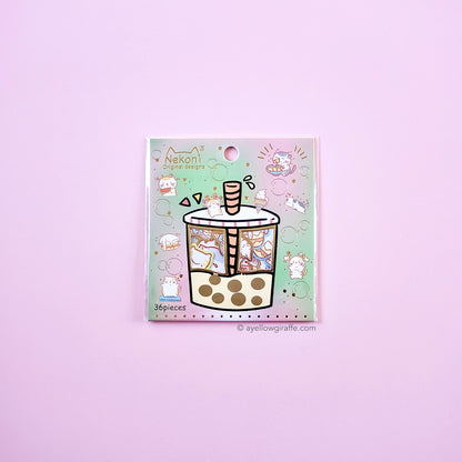 japanese nekoni boba pack of cat stickers front
