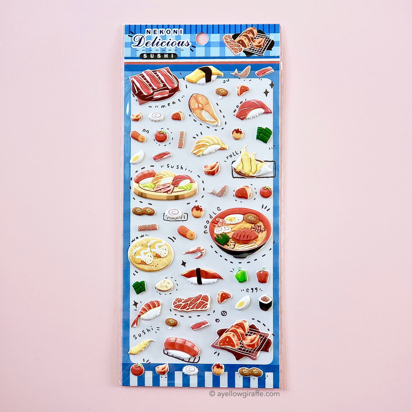 A sheet of puffy Japanese food-themed stickers featuring various animated food items such as sushi, ramen, and yakiniku.