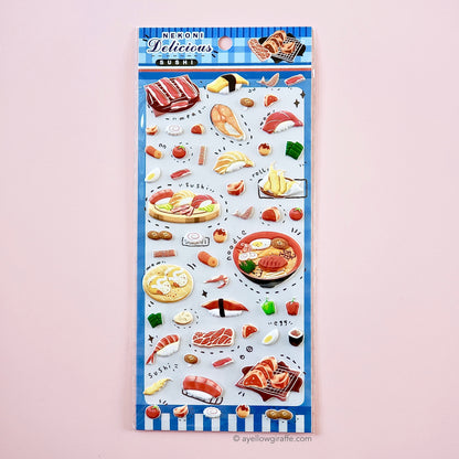 A sheet of puffy Japanese food-themed stickers featuring various animated food items such as sushi, ramen, and yakiniku.