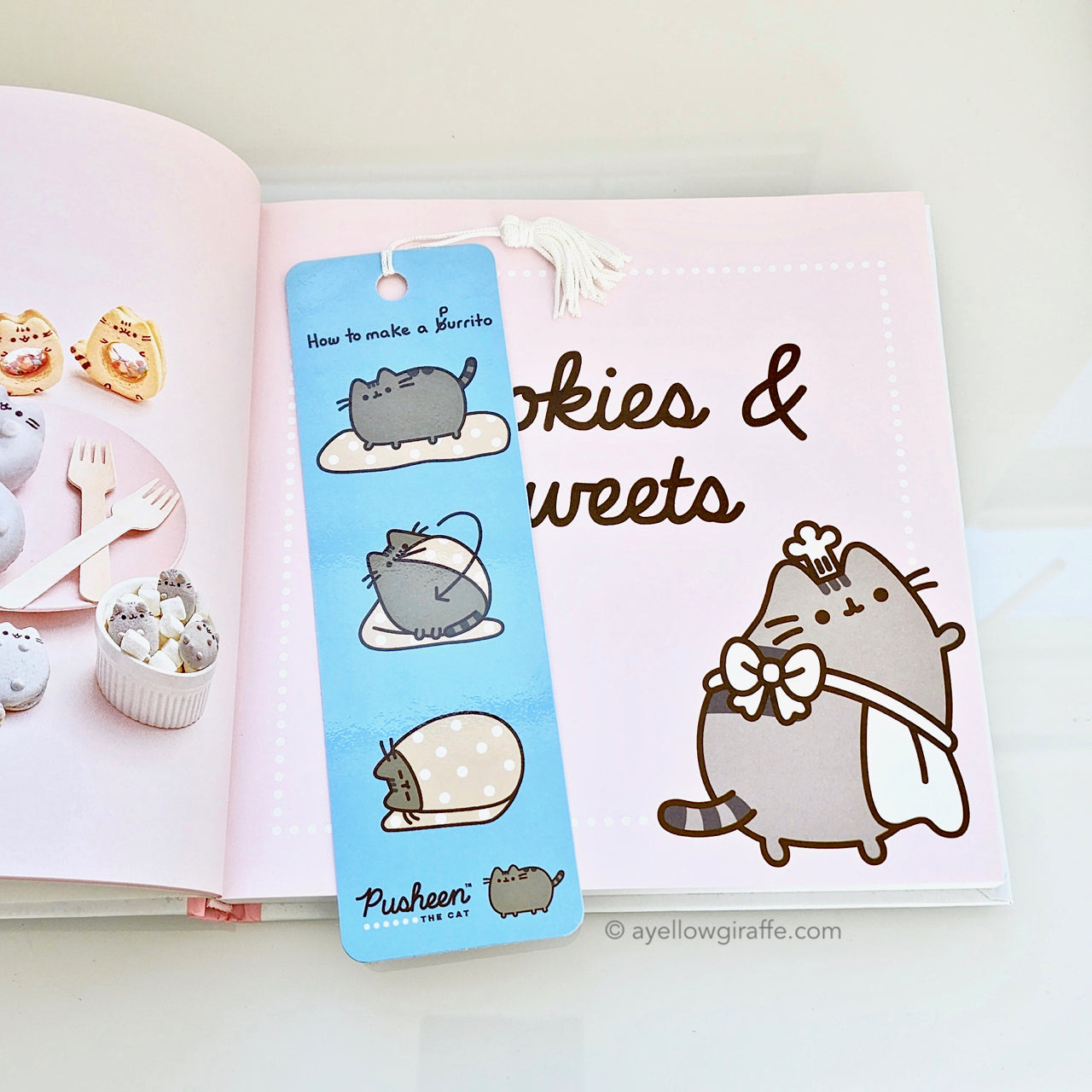 Pusheen purrito blue bookmark inside Pusheen cookbook