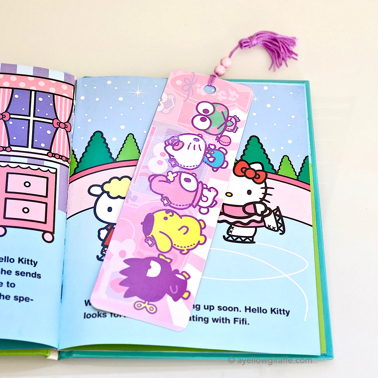 Hello Sanrio pastel scene bookmark inside book